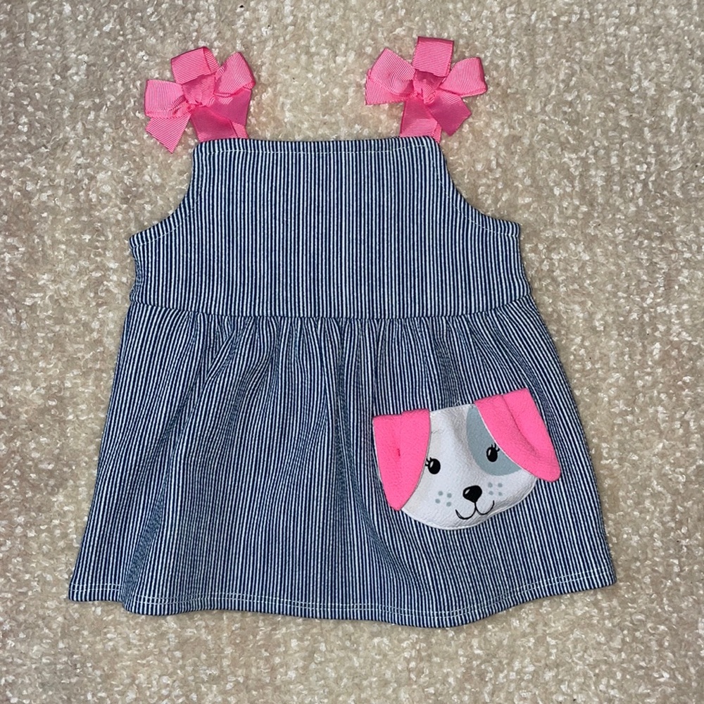 Navy and white seersucker dress with puppy